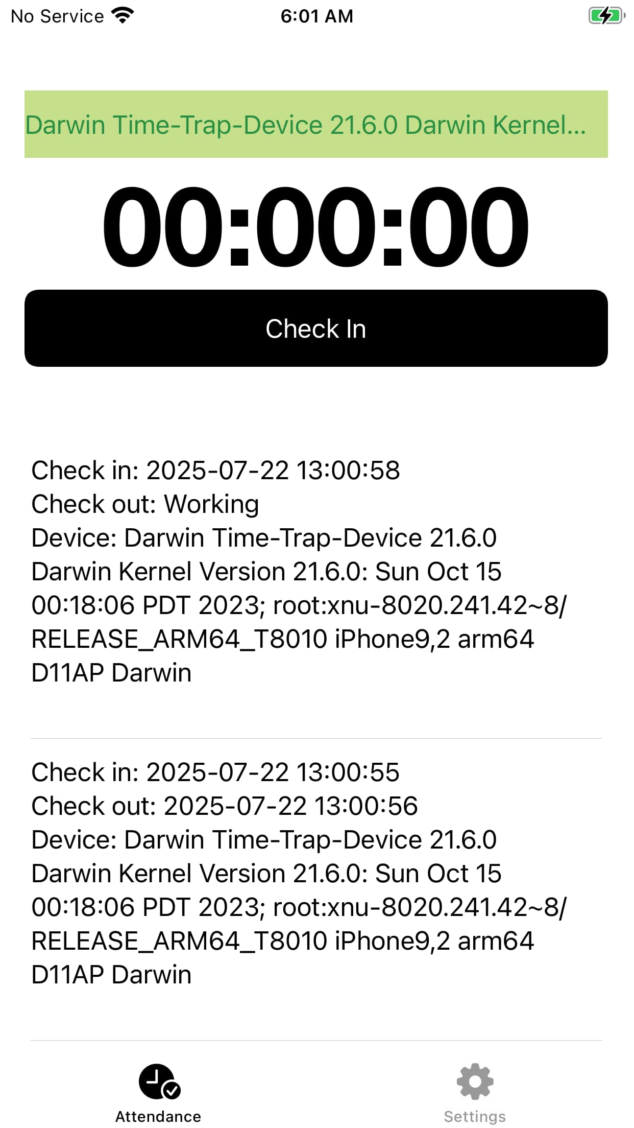 Time Trap Home screen Checked Out