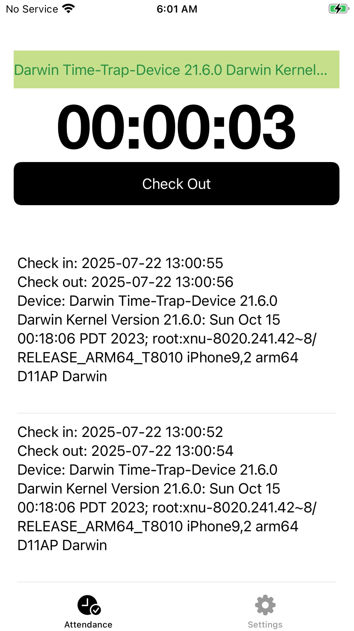 Time Trap Home screen Checked In